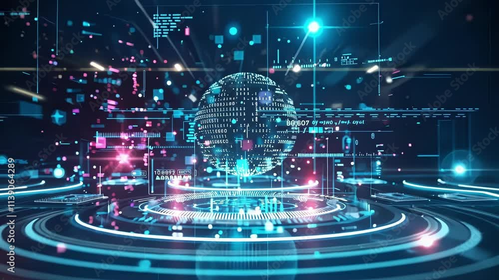 Poster futuristic earth globe rotating in digital cyberspace showing big data, data science, artificial int