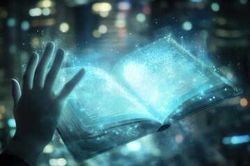 Enchanted Hand Reaching for Magic Book with Glowing Pages in Night City Background