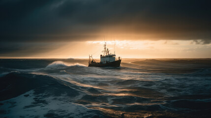 Obraz premium Fishing Boat on Stormy Seas at Sunrise