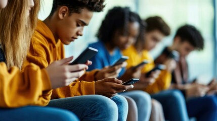 Obraz premium Teens engaged in smartphone use urban setting candid photo modern environment close-up view digital culture