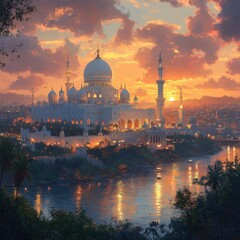 Obraz premium A serene sunset view of an ornate mosque by a river, reflecting vibrant colors in the sky.