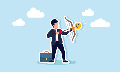 A businessman prepares to shoot an arrow with a happy emoticon, illustration of targeting increased market engagement