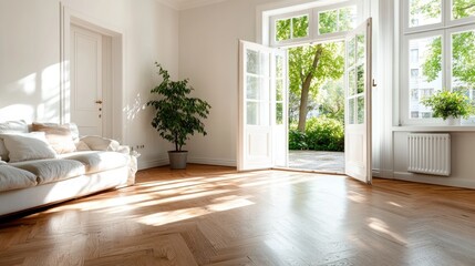 Fototapeta premium Bright modern living space with open windows indoor plants sunlit atmosphere cozy environment tranquil concept for relaxation