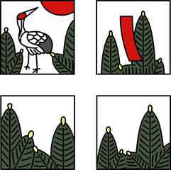 1月のカラーシンプル正方形花札アイコンセット