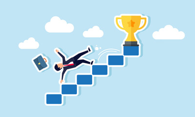 A businessman falls from a ladder leading to a trophy, illustration of failure in the attempt to make a leading company