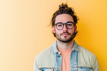Fototapeta premium Stylish Young Man with Glasses Posing Against a Bright Yellow Background