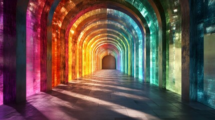 Colorful arched hallway with vibrant glass walls