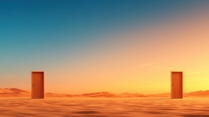 Exploring the choice between two doors at twilight in a desert landscape conceptual art viewpoint