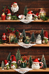 3 wooden shelves full of Christmas decorations in retro style © teressa