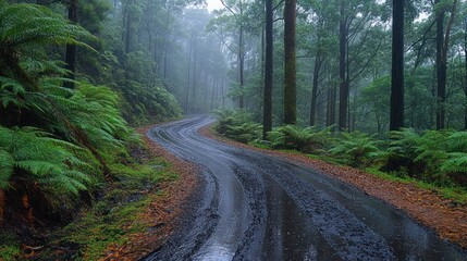 Obraz premium Wet, winding road cuts through lush, misty forest.