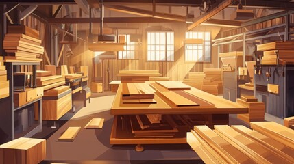 Obraz premium Bright and Inviting Wooden Workshop Interior with Sunlight Streaming Through Windows, Showcasing Wooden Planks and Carpentry Tools for Creative Projects