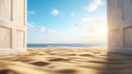 Beach sunrise through open doors seaside scenic view calm atmosphere perspective of freedom and possibility