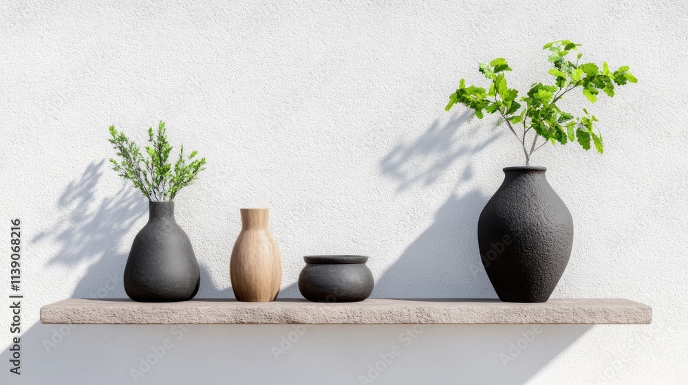 Poster minimalist shelf display with vases and greenery against a wall.