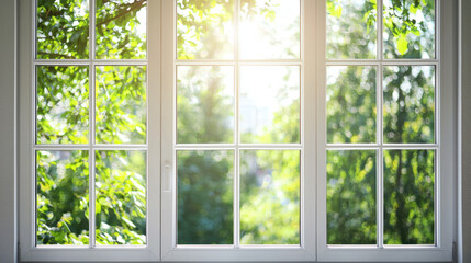 Bright white window with greenery outside, sunlight streaming in, creating serene atmosphere. Perfect for peaceful indoor setting