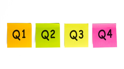 concept of quarterly report on sticky notes isolated on white background