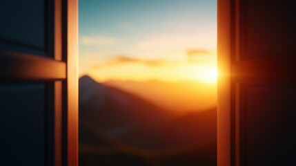 Sunrise action over mountains scenic view from open window nature landscape tranquil environment inspirational concept