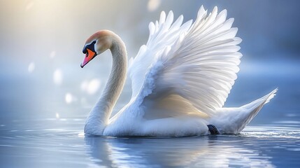 Fototapeta premium Majestic swan with wings spread on calm water at sunrise.