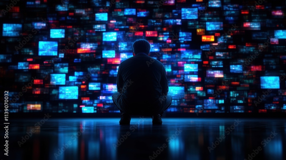 Poster exploring digital overload a person engaged with technology urban setting futuristic environment imm