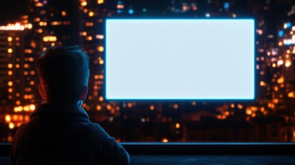 Child gazing at blank screen in urban nightscape digital imagery contemplation city environment evening viewpoint