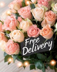 Valentine's Day flower shop banner with free delivery concept. Beautiful bouquet of roses with a "Free Delivery" sign