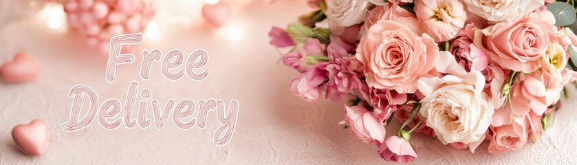 Valentine's Day flower shop banner with free delivery concept. Bouquet of pink roses on a soft background with decorative elements