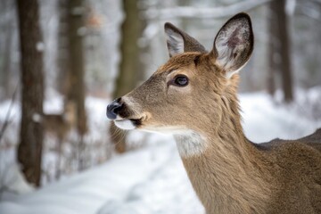 a close-up portrait of a young deer standing in a snowy forest