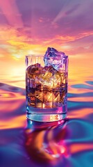 Elegant glass of amber colored liquor such as whiskey or bourbon with ice cubes set against a vibrant colorful sunset sky with a gradient of warm hues