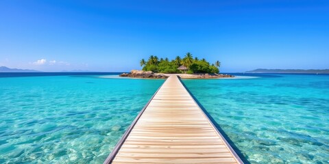 Tropical Paradise Wooden Bridge Leading to Island, beach with sky