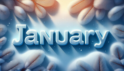 Hello January message on wood sign on snowflakes on blue glitter material