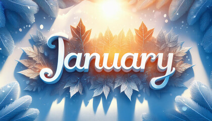Hello January message on wood sign on snowflakes on blue glitter material