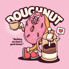 Doughnut Trendy Retro Cartoon Vector Hand Drawn