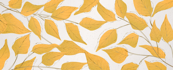Abstract plant art background with yellow tree leaves with line elements. Botanical banner for decor, packaging, print, poster, wallpaper, interior design, textile.