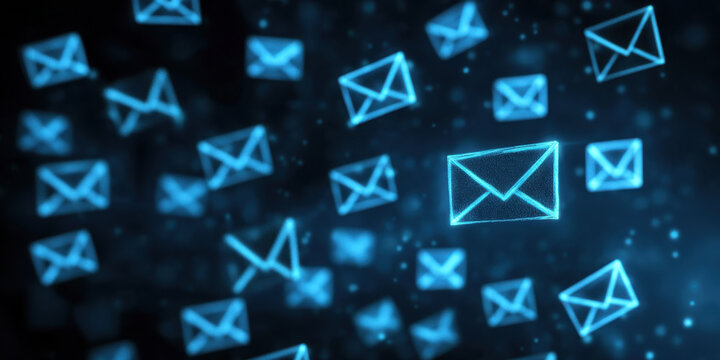 Digital representation of email marketing with glowing blue envelopes floating in dark background, symbolizing communication and outreach