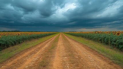 Obraz premium Road through sunflowers with dramatic storm clouds.