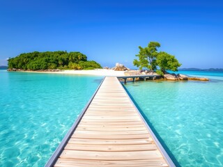 Tropical Paradise Wooden Bridge Leading to Island, beach with sky