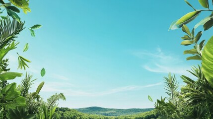 An inspiring World Environment Day scene with lush green landscapes and eco-friendly symbols against a clear blue sky, wide shot, Eco-conscious style