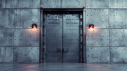 wide steel door set against massive concrete wall, featuring red lights on either side, creates dramatic and industrial atmosphere. scene evokes sense of mystery and security