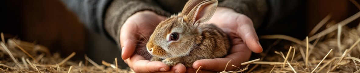 Gentle Care Rabbit in Hands Amidst Rustic Hay Background