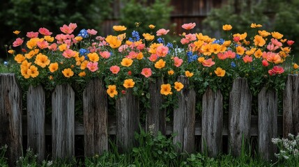 A vibrant display of colorful flowers blooming over a rustic wooden fence.