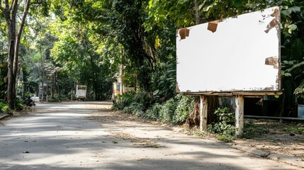 Fototapeta premium Nature walkway with blank billboard in lush green environment serene urban setting outdoor scene daytime viewpoint