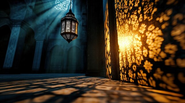 A Ramadan lantern glowing softly in a dimly lit room, casting intricate patterns on the walls, creating a warm and serene ambiance - Powered by Adobe