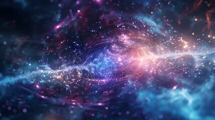 Fototapeta premium Abstract blue and purple nebula with glowing particles and light streaks.
