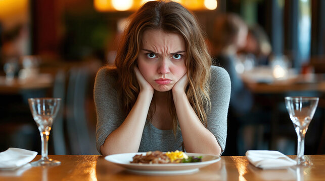 Young woman sitting at restaurant table, plate of meal in front of her, bad food taste problem, unhappy displeased customer, upset and frustrated client, negative disgust face expression, copy space.