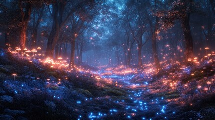 Fototapeta premium Enchanting path through a mystical forest at night, glowing mushrooms and fireflies illuminate the way.