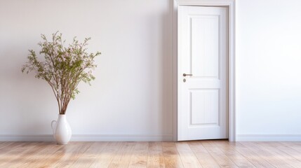 Elegant indoor scene featuring a white door and decorative plant in minimalist design home interior natural light calm atmosphere