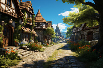Naklejka premium a calm picture with a road and summer village houses,. 