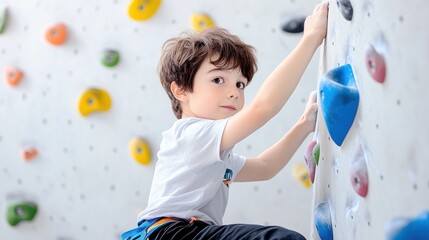 Fototapeta premium Young boy climbing a colorful indoor rock wall for fun and exercise.