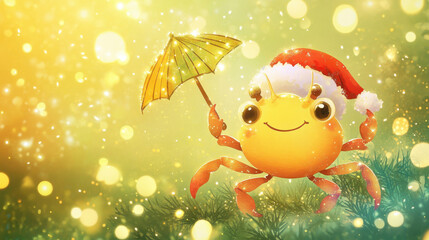 Naklejka premium Kawaii cute adorable little watercolor style crab holding a beach umbrella