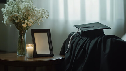 The graduation cap was on top of the gown that was draped neatly on a chair in the quiet room; a blank white picture frame and a vase of white flowers with candles were sitting on the table.
