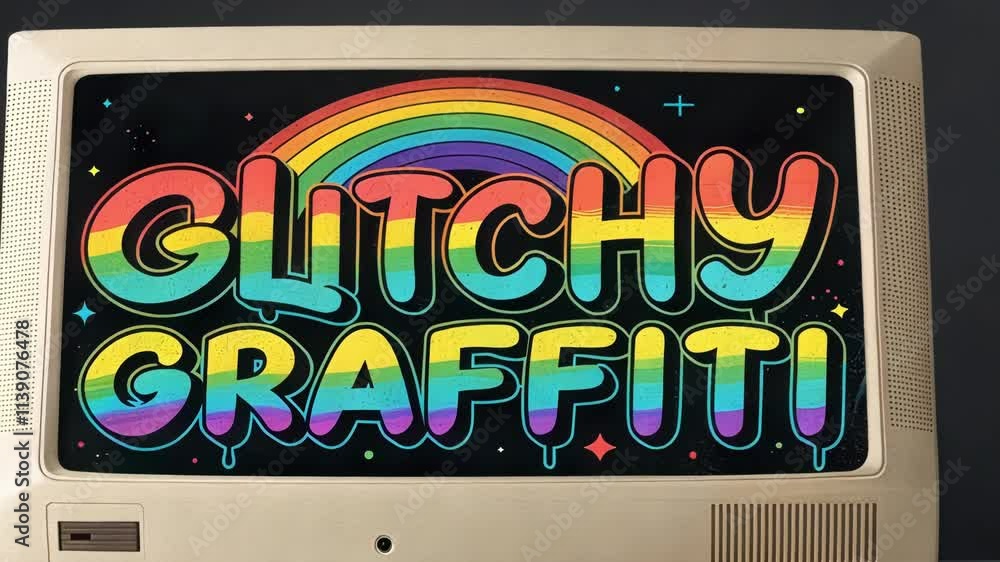 Poster glitch art vibes a vintage computer screen flickers with glitchy graffitistyle text that appears to 